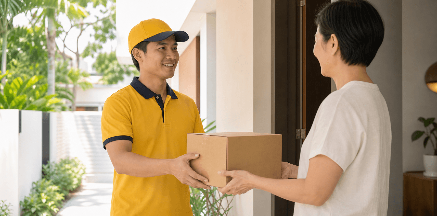A courier handing a parcel to a customer at their doorway